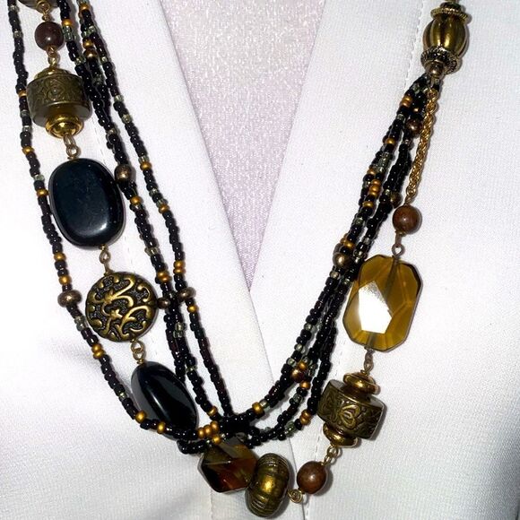 Coldwater Creek 5 Strand Asymmetrical Beaded Necklace In Black And Gold Tone - Picture 3 of 10